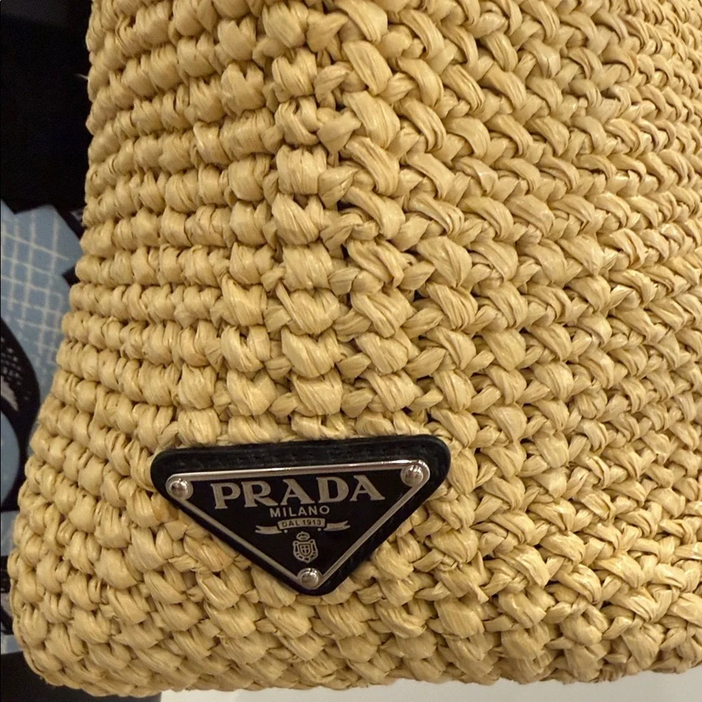 Prada Milano Raffia Tote Bag Large Logo Beige Black – Full Set NEW